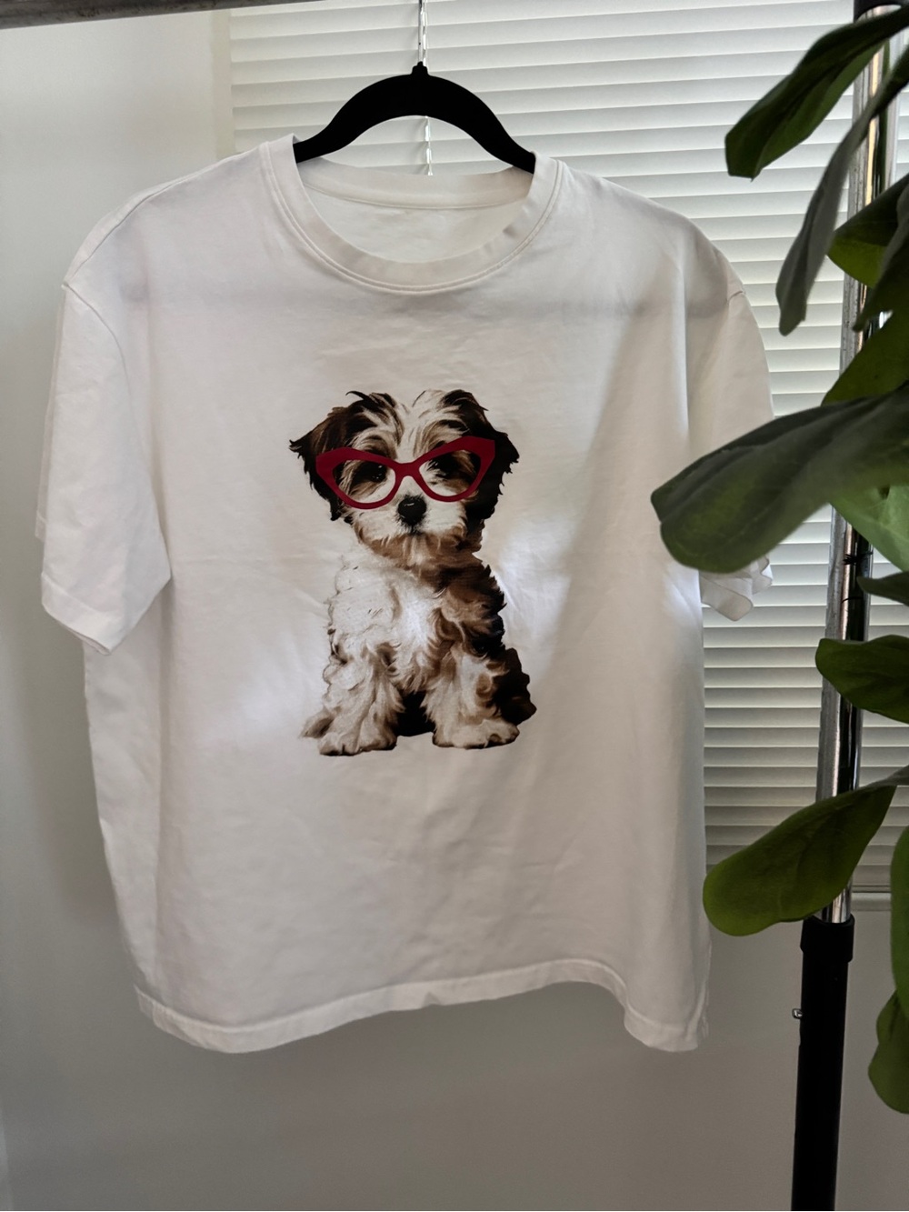 White Puppy Graphic Tee with Red Glasses